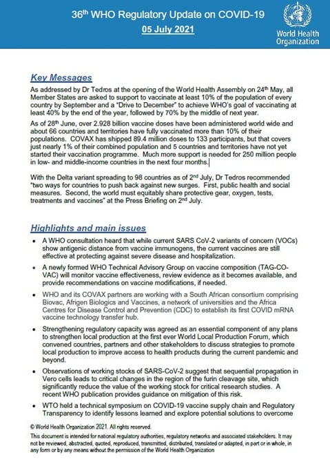 36th WHO Regulatory Update on COVID-19