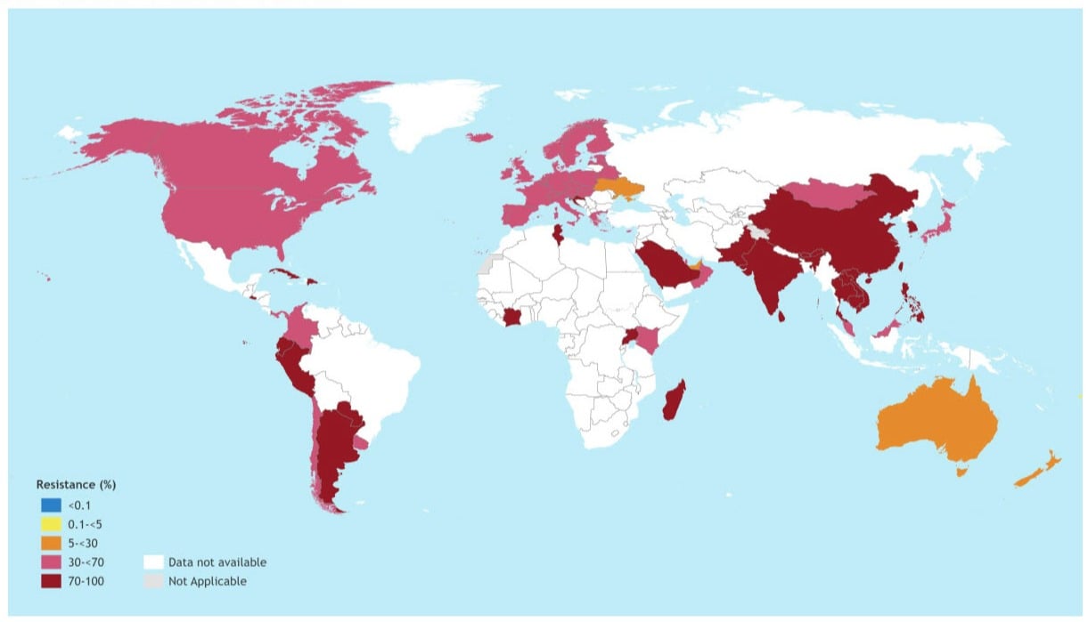 Countries with reported resistance to ciprofloxacin in N. gonorrhoeae, WHO GASP 2017-2018