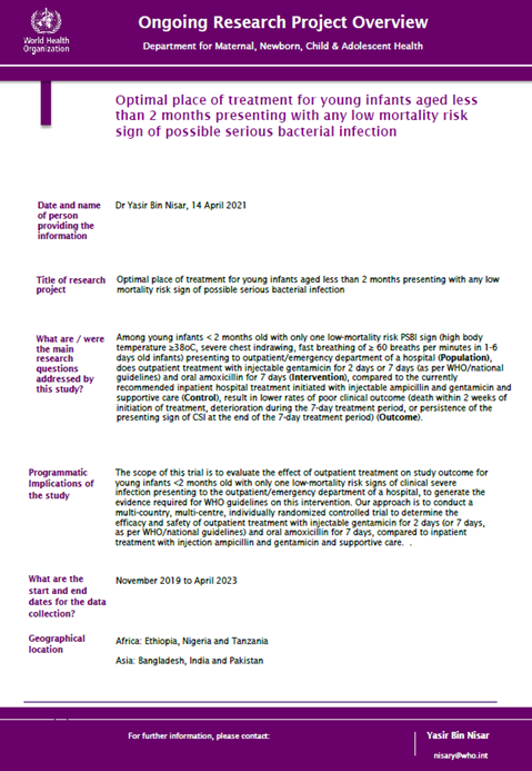Optimal place of treatment for young infants aged less
than 2 months presenting with any low mortality risk
sign of possible serious bacterial infection
