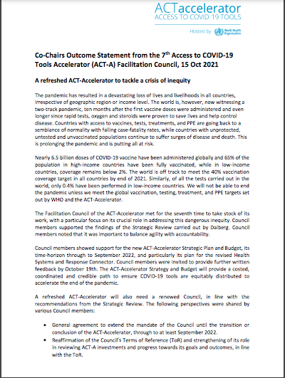 Co-Chairs Outcome Statement from the 7th Access to COVID-19Tools Accelerator (ACT-A) Facilitation Council